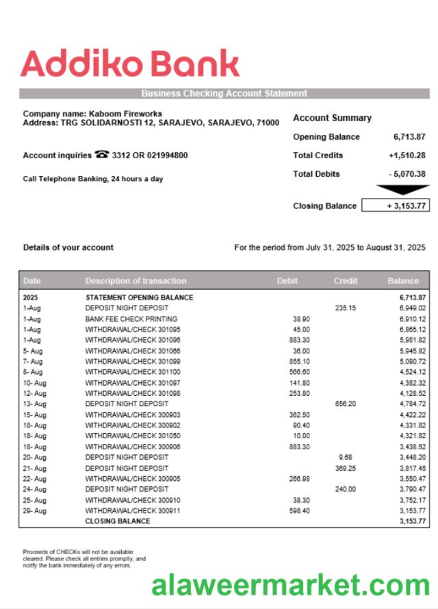 Bosnian Addiko enterprise account statement Word and PDF template